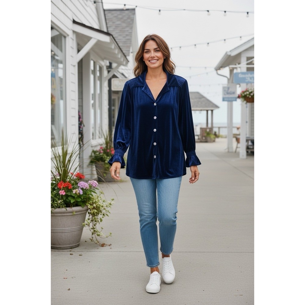 Coldwater Creek Velvet Shirt Tunic Top Blouse Midnight Blue Button Front SMALL